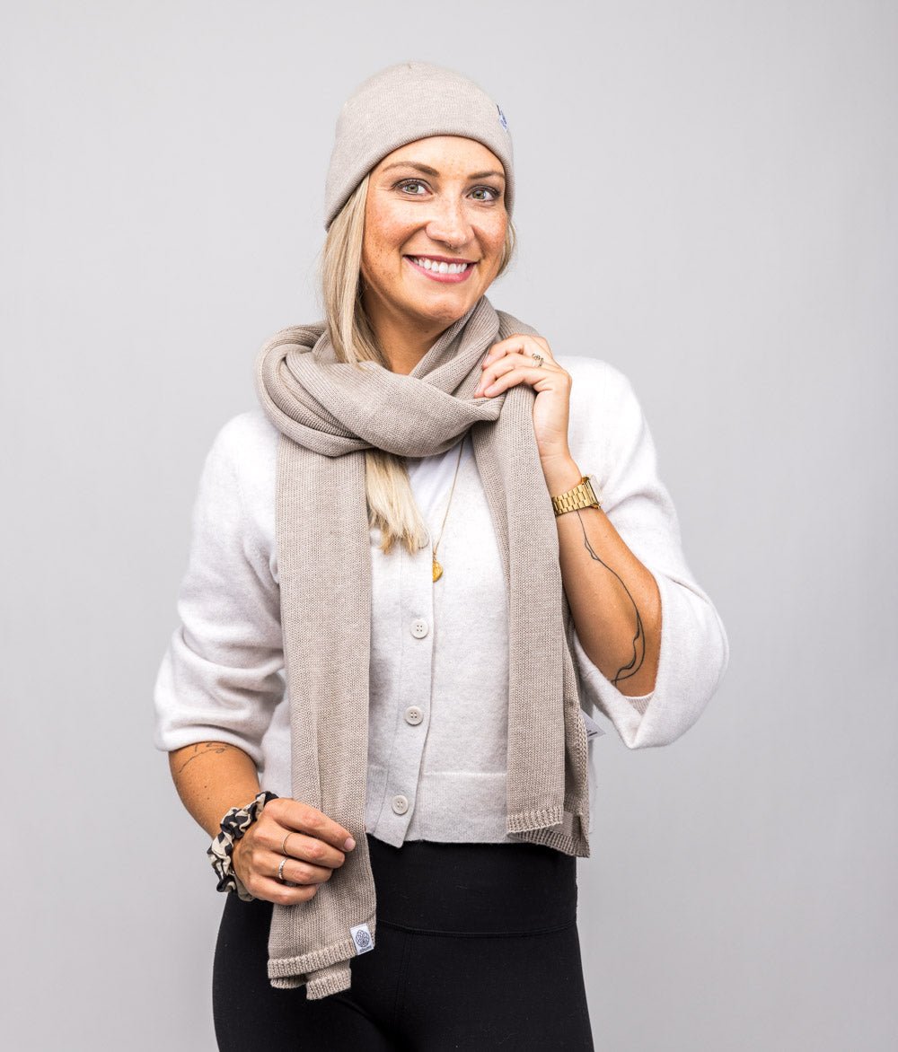 Mütze Feinstrick und Schal aus Bio Baumwolle - obumi - Beige Melange