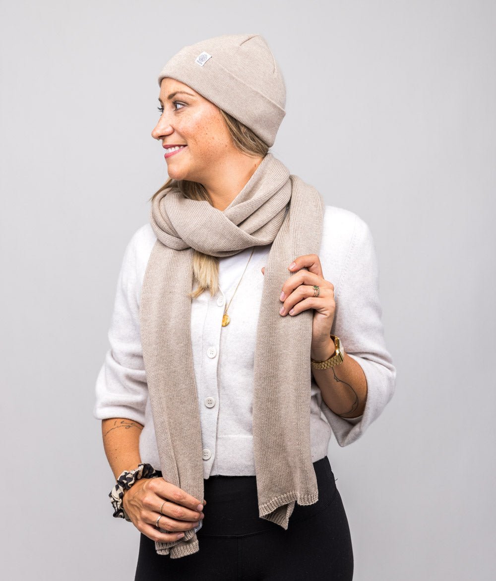 Mütze Feinstrick und Schal aus Bio Baumwolle - obumi - Blue Melange