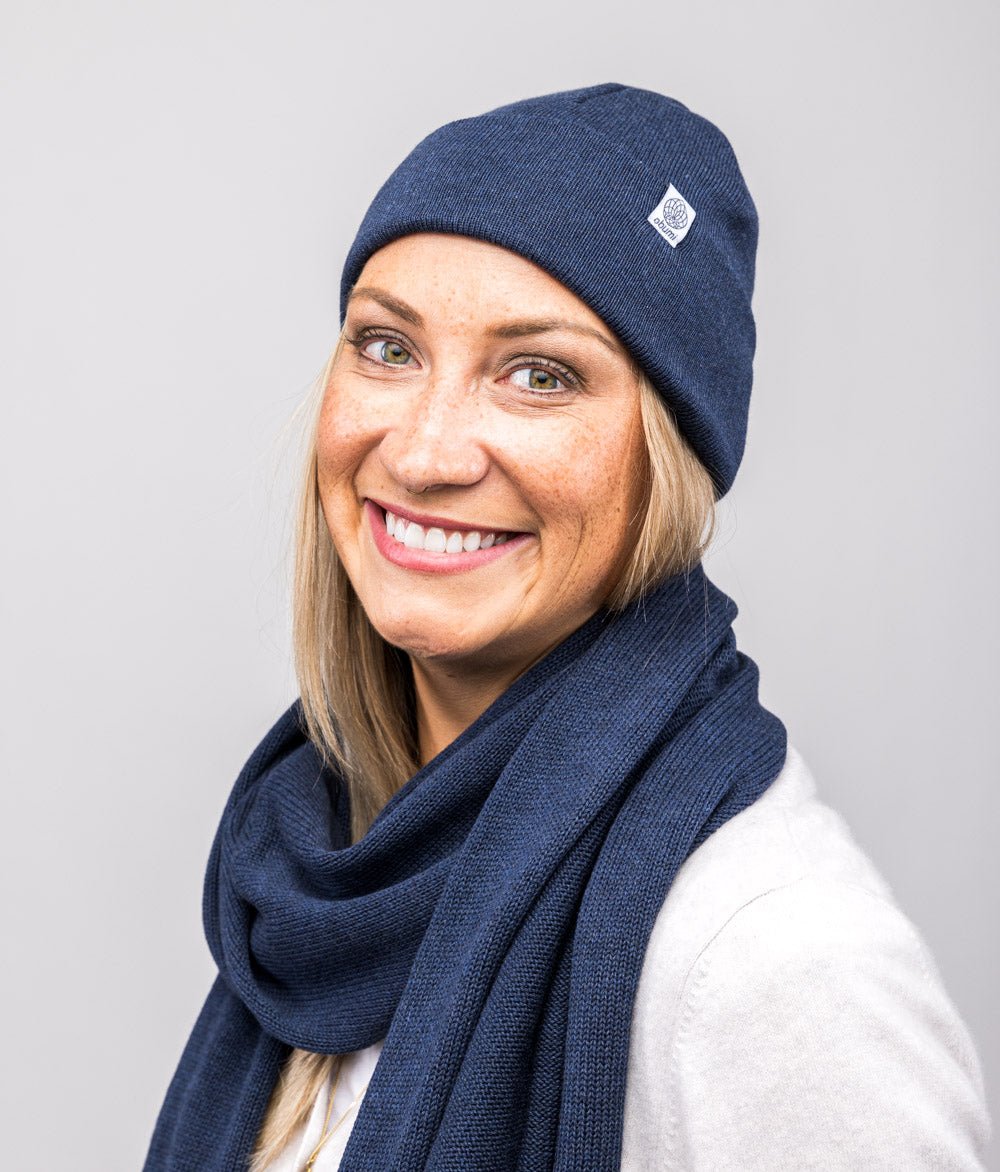 Mütze Feinstrick und Schal aus Bio Baumwolle - obumi - Blue Melange