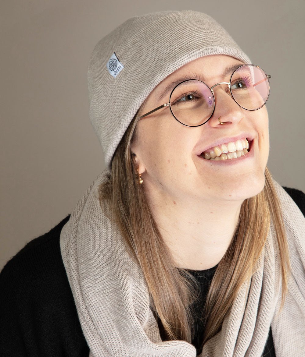 Mütze Feinstrick und Schal aus Bio Baumwolle - obumi - Blue Melange