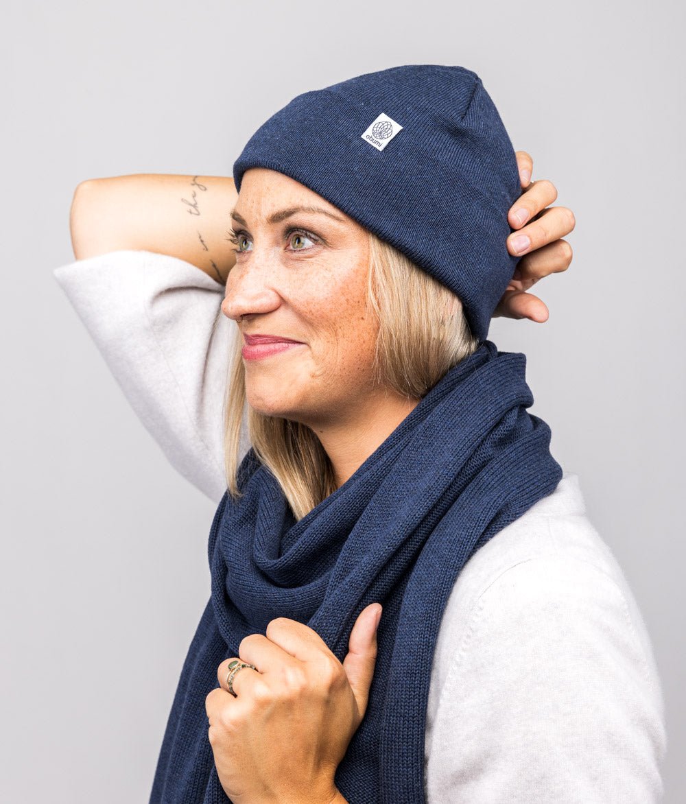 Mütze Feinstrick und Schal aus Bio Baumwolle - obumi - Blue Melange