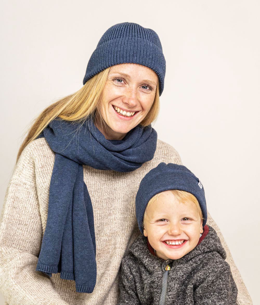 Mütze Grobstrick und Schal aus Bio Baumwolle - obumi - Blue Melange