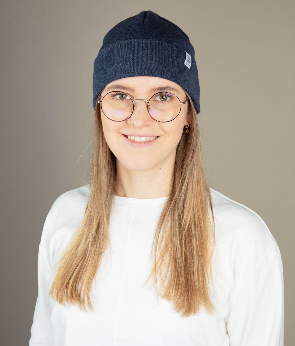 Mütze Feinstrick und Schal aus Bio Baumwolle - obumi - Blue Melange