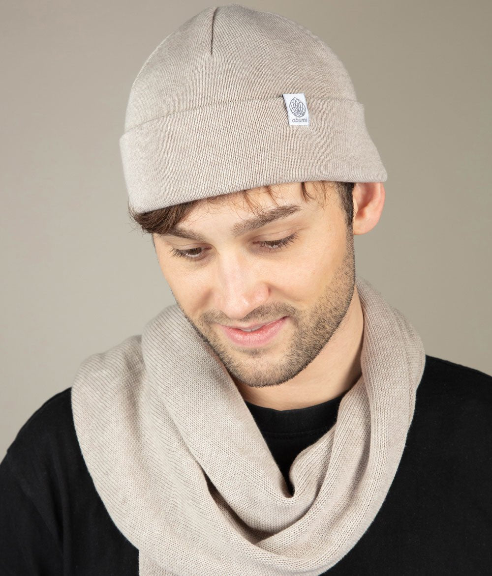 Mütze Feinstrick und Schal aus Bio Baumwolle - obumi - Blue Melange