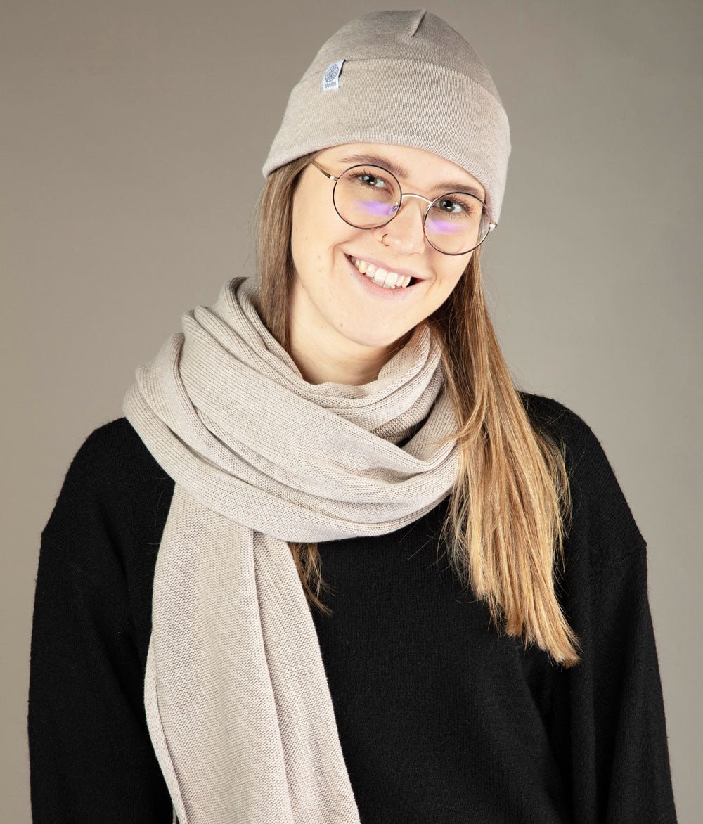Mütze Feinstrick und Schal aus Bio Baumwolle - obumi - Blue Melange