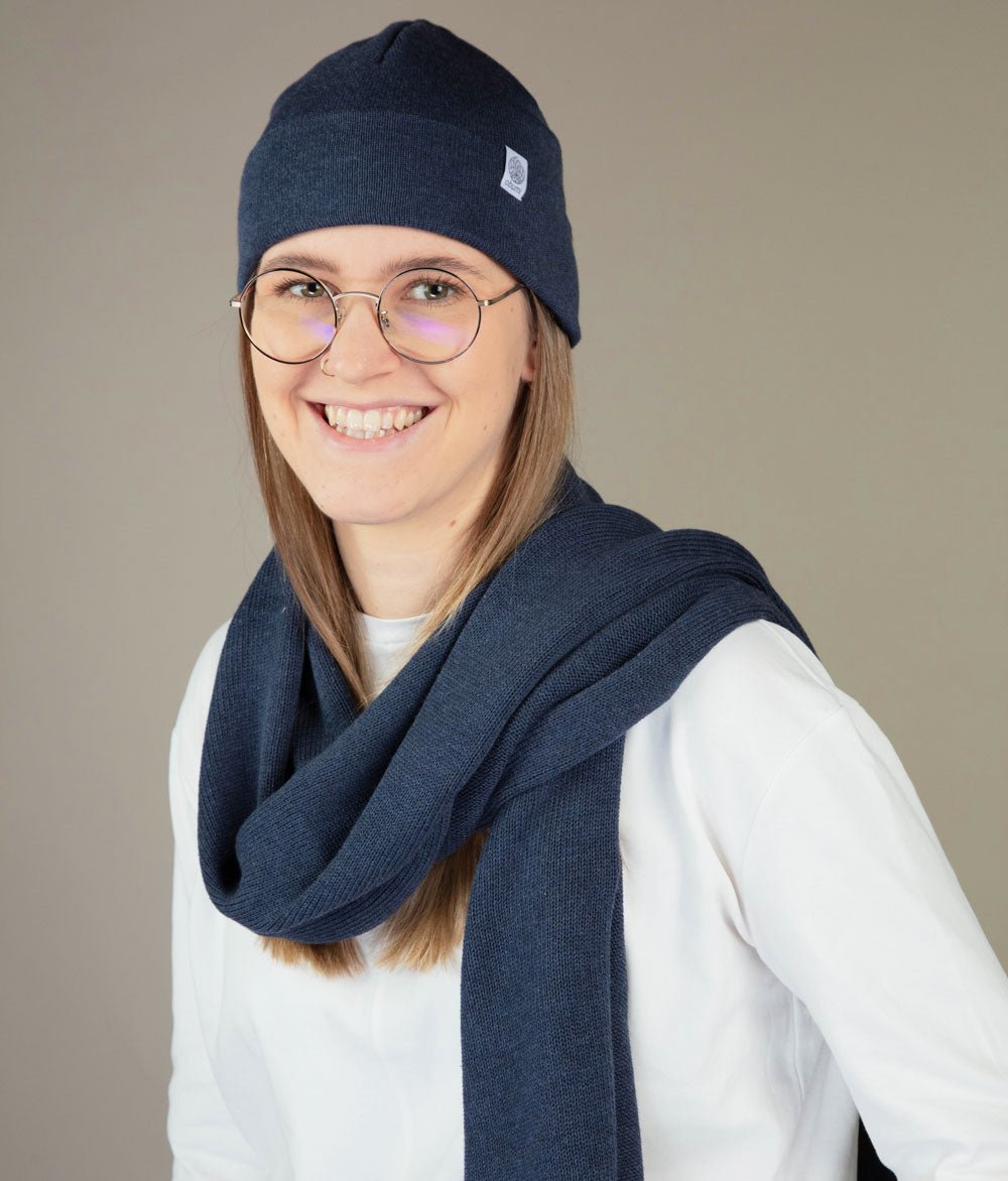 Mütze Feinstrick und Schal aus Bio Baumwolle - obumi - Blue Melange