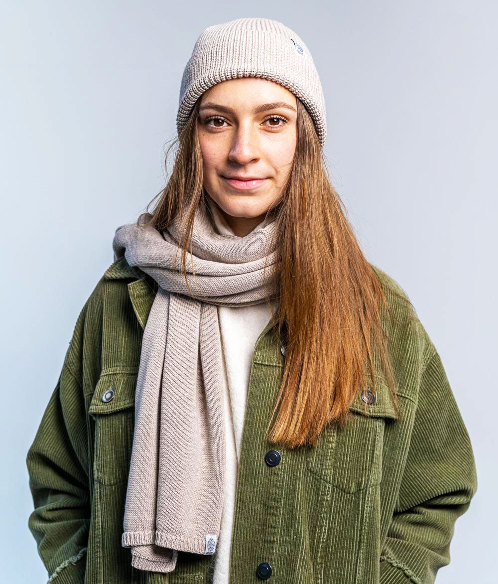 Mütze Grobstrick und Schal aus Bio Baumwolle - obumi - Beige Melange