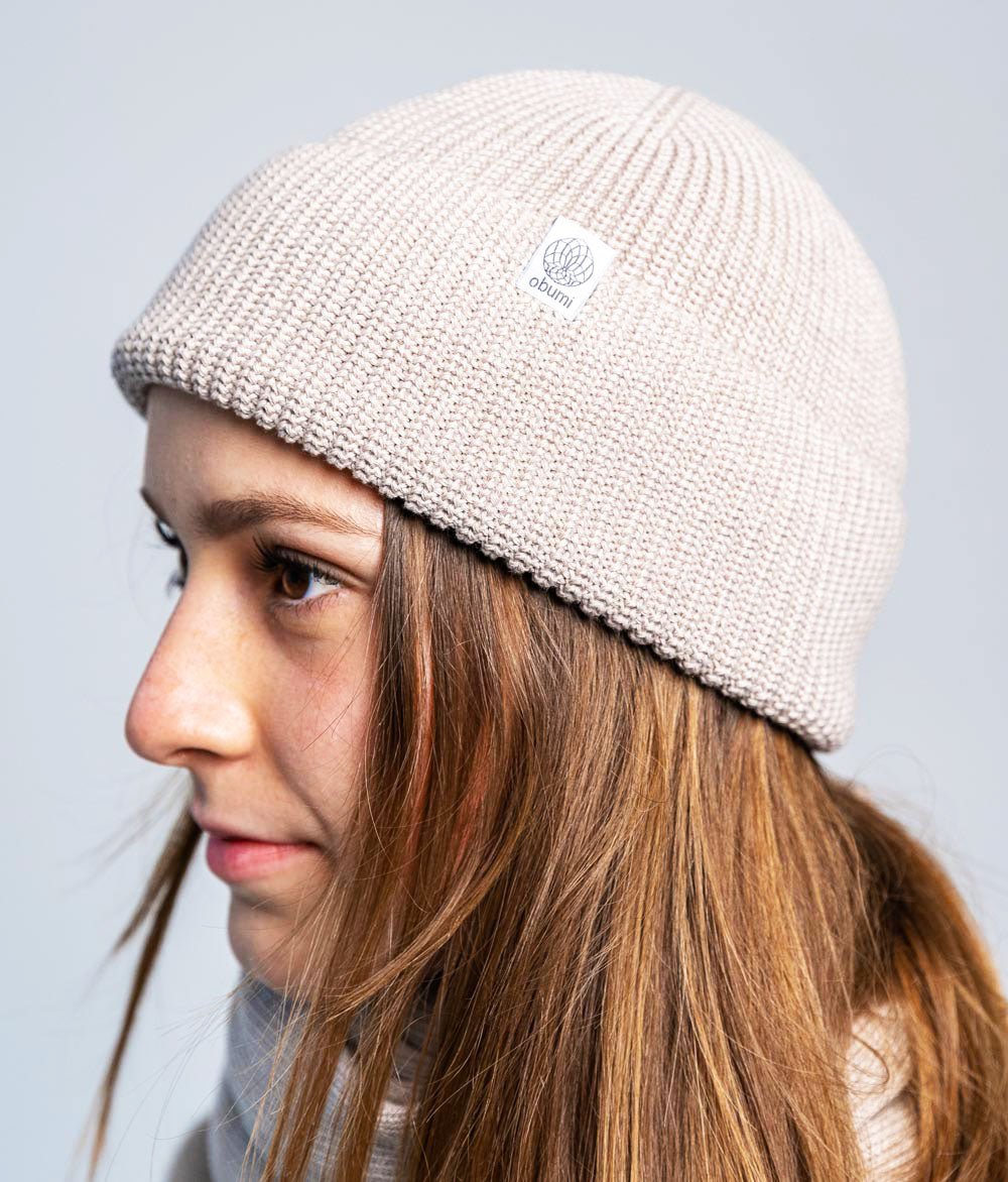 Mütze Grobstrick und Schal aus Bio Baumwolle - obumi - Beige Melange