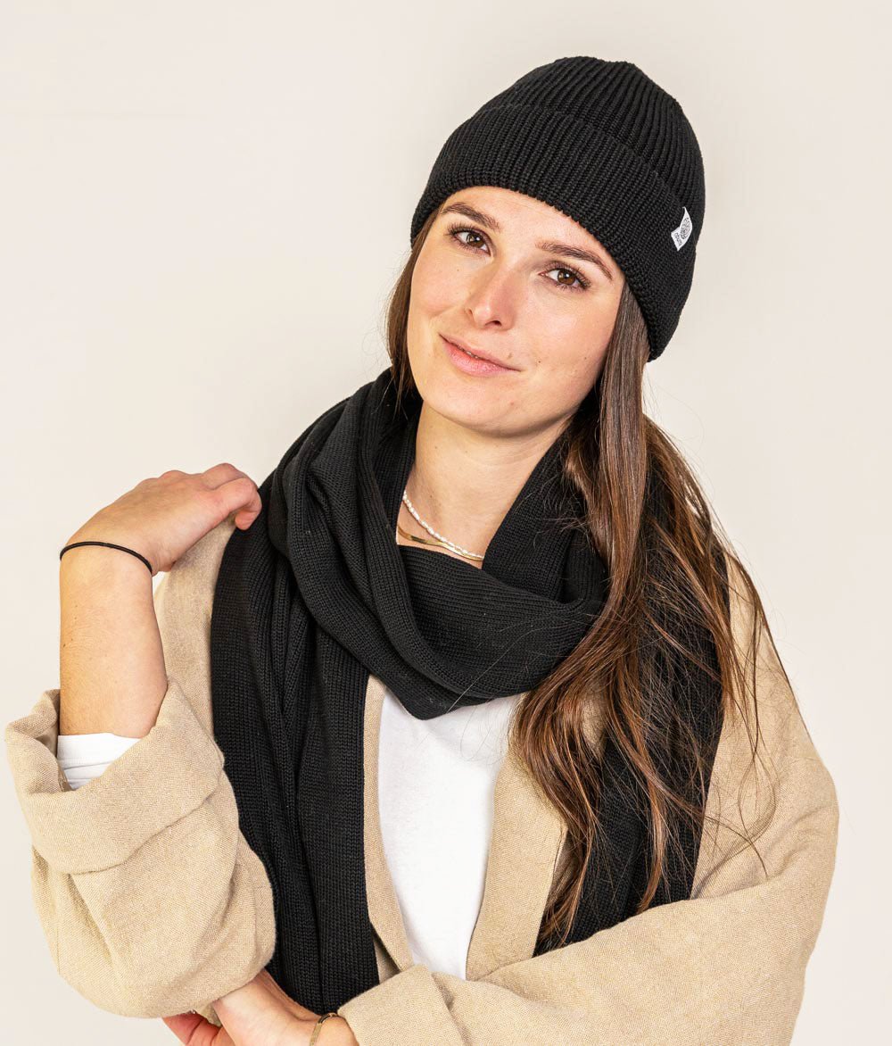 Mütze Grobstrick und Schal aus Bio Baumwolle - obumi - Black