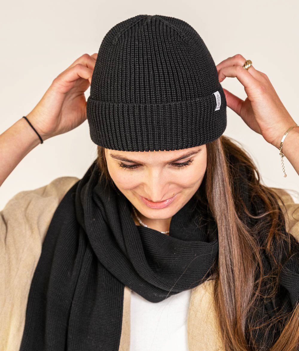 Mütze Grobstrick und Schal aus Bio Baumwolle - obumi - Black
