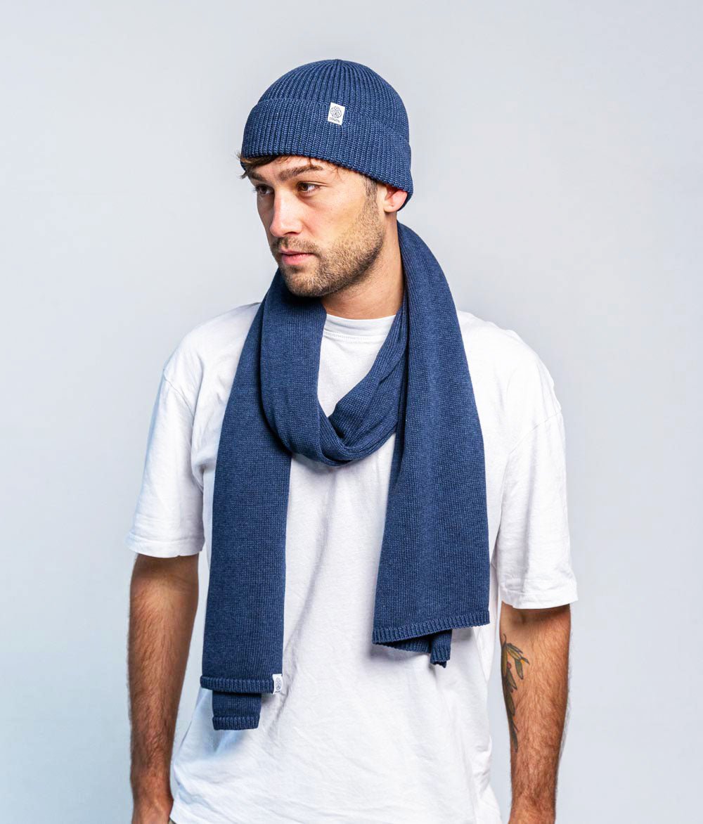 Mütze Grobstrick und Schal aus Bio Baumwolle - obumi - Blue Melange